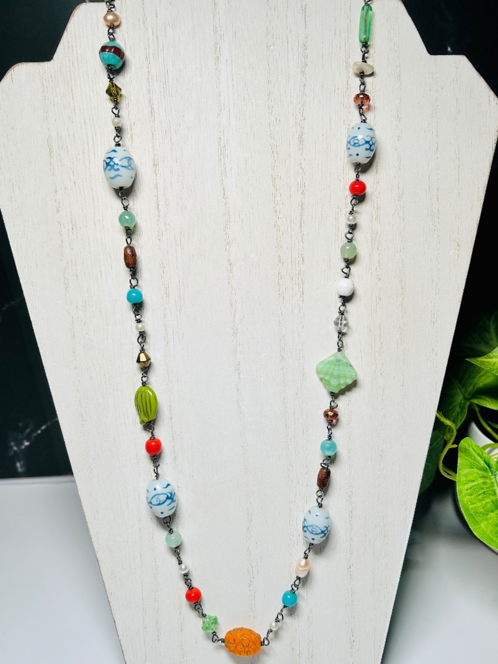 Artisanal Vintage Glass and Acrylic Beaded Long Station Necklace, 40”